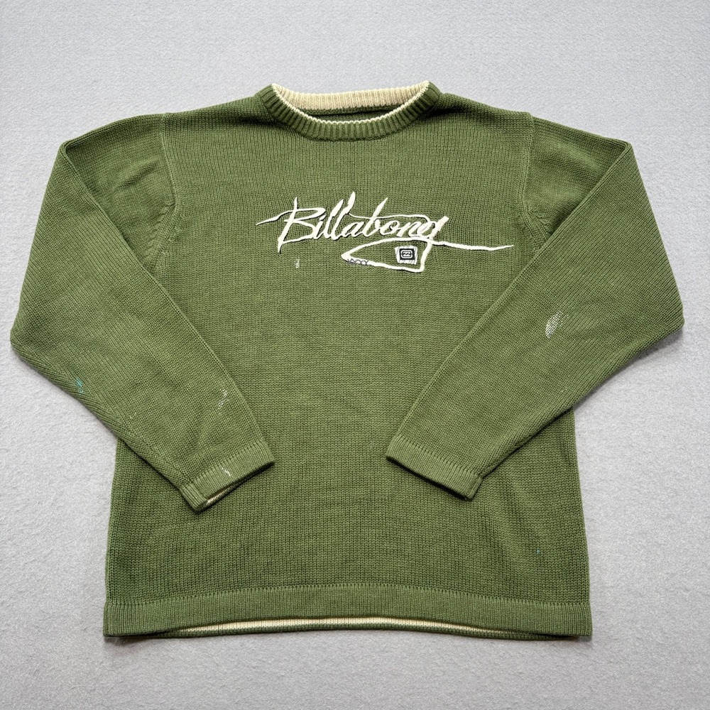 Y2K Billabong Sweater Mens Large Green Acrylic Knit Crewneck Pullover Streetwear